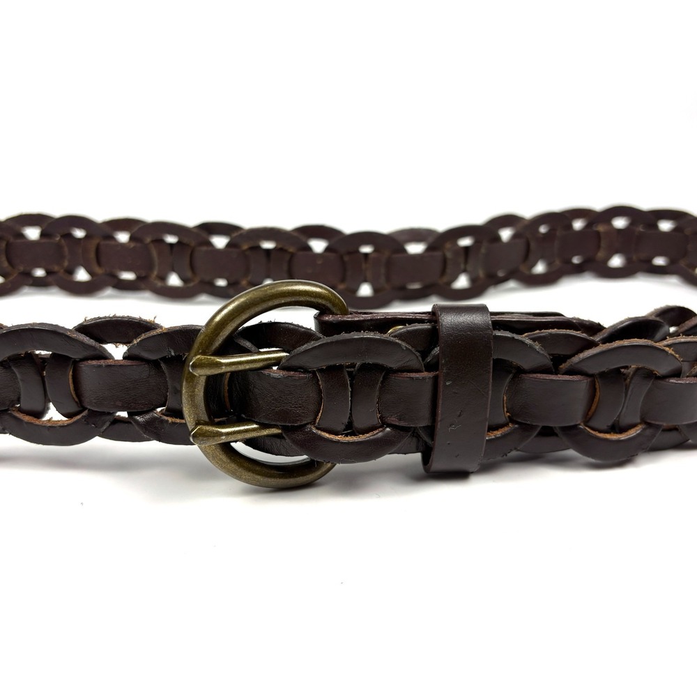 Old Navy Interlocking Chain Genuine Leather Belt Womens Sz XS/S Brown Brass Dbl